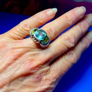 Judith Ripka Blue Topaz & Peridot 925 Sterling Silver Ring Size 6, Vintage